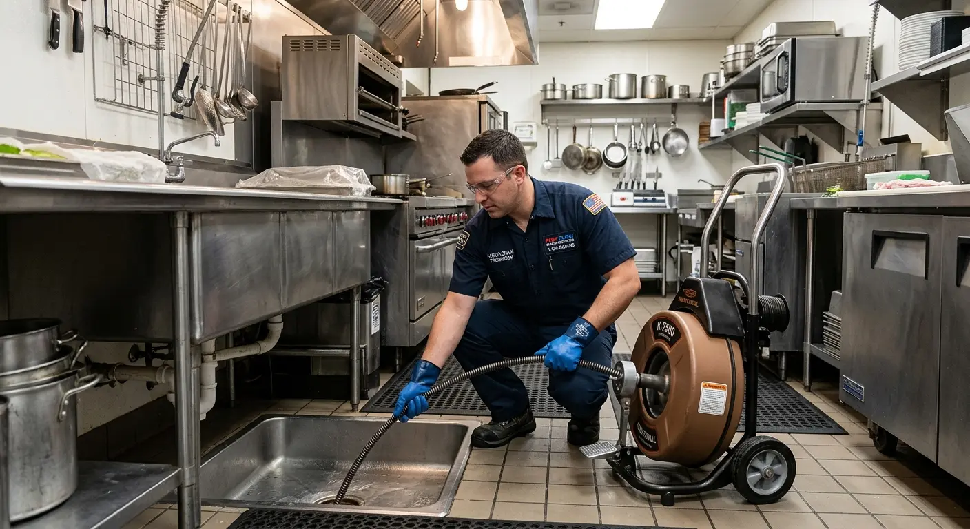 Commercial drain cleaning service in a restaurant kitchen in Darnestown