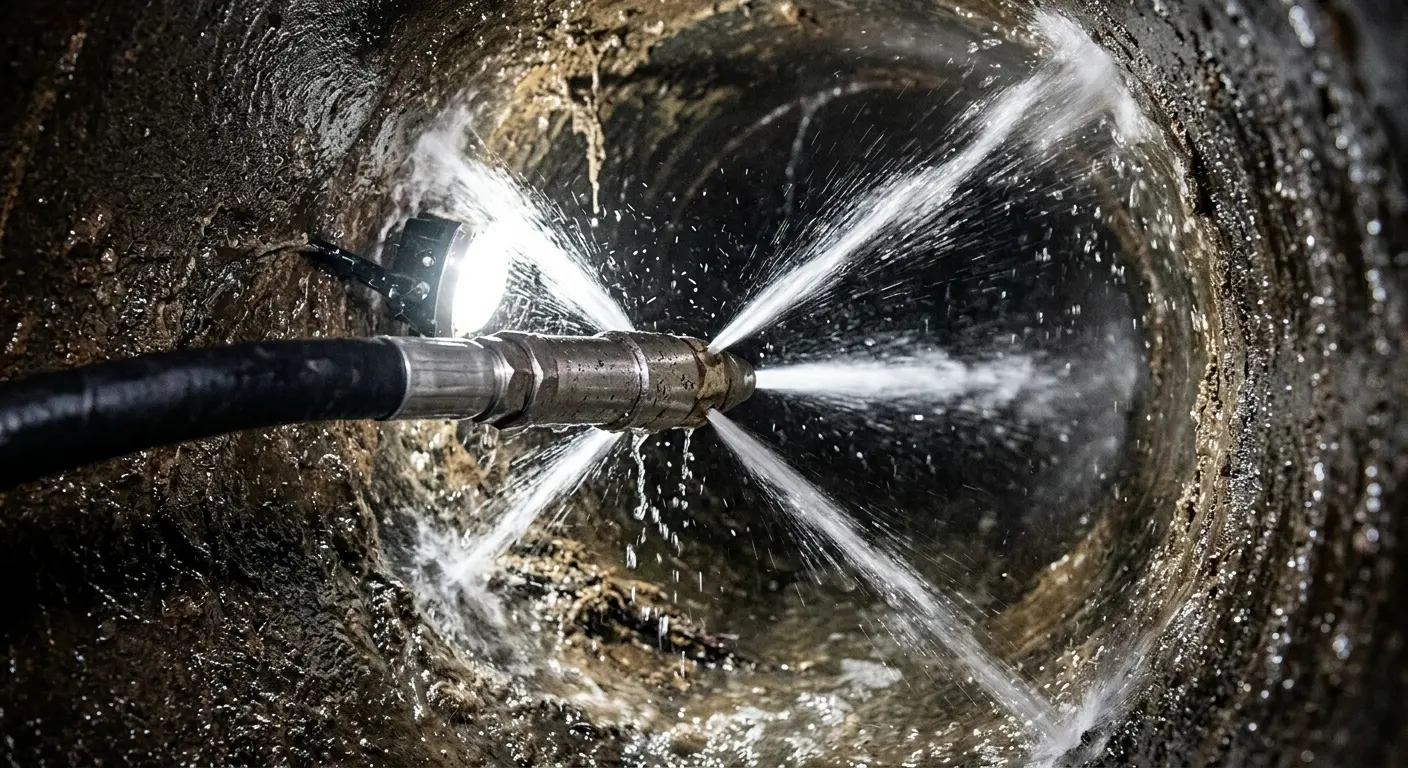 High-pressure hydro jetting nozzle cleaning sewer pipe for Sewer Cleanout in Darnestown