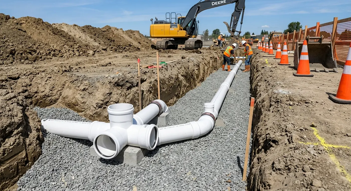 New PVC sewer pipe installation in open trench for Sewer Backup in Darnestown