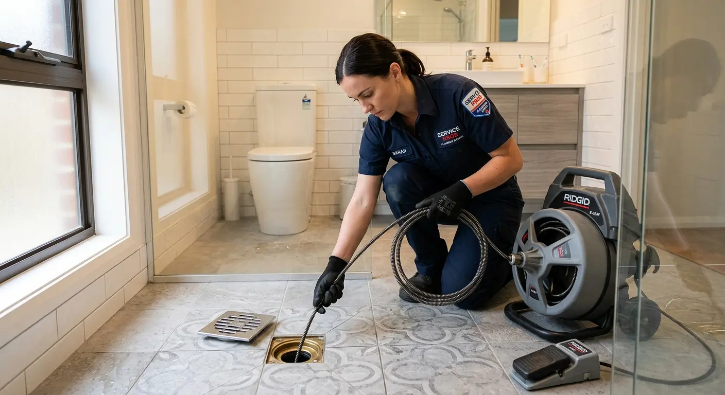 Technician clearing a bathroom floor drain for Drain Cleaning in Darnestown